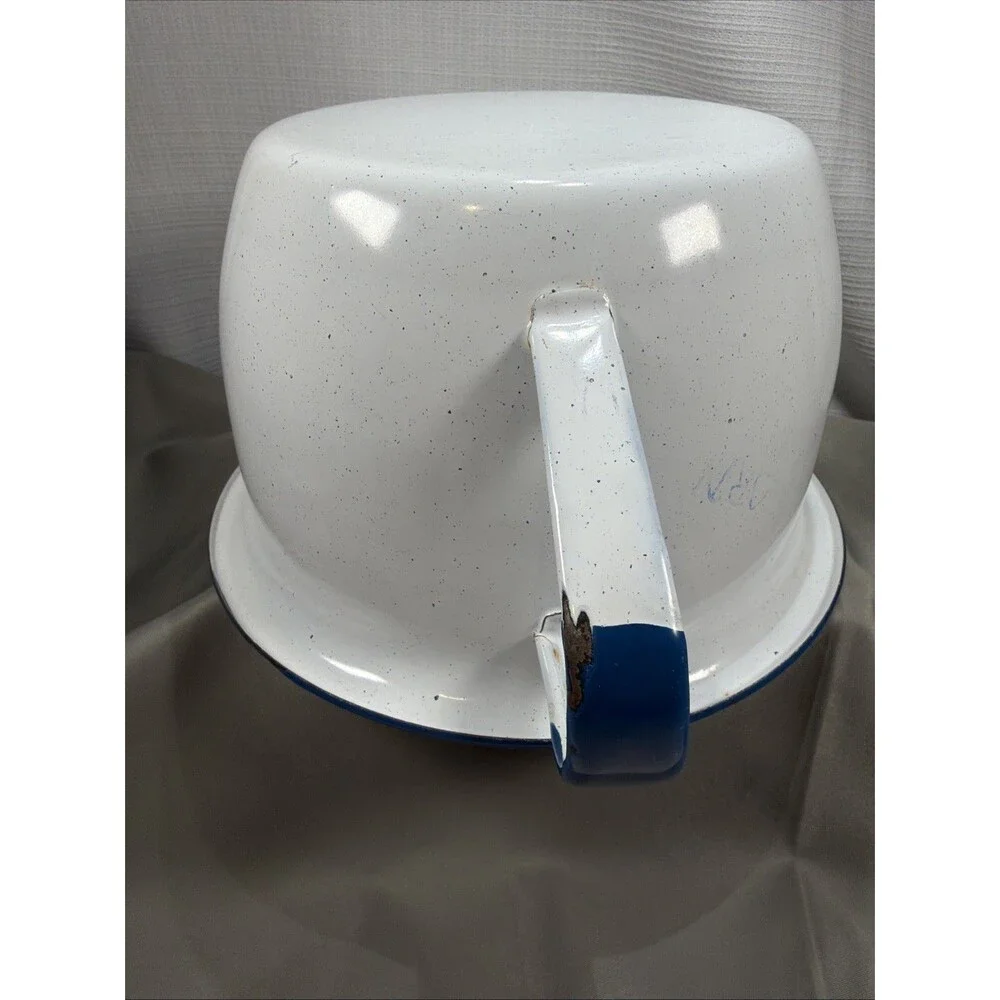 Vintage Enamelware Popcorn Bowl White Cobalt Blue Trim Speckled Pot 8.75” Large